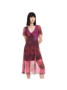 Desigual Pink Mesh Floral V-Neck Midi Dress Eclectic Artsy Indie Y2k 90s Edgy